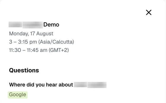 Redacted demo booking: heard about us via Google