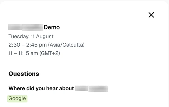 Redacted demo booking: heard about us via Google