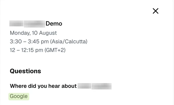 Redacted demo booking: heard about us via Google