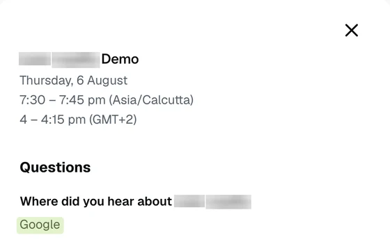 Redacted demo booking: heard about us via Google