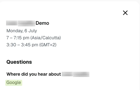 Redacted demo booking: heard about us via Google