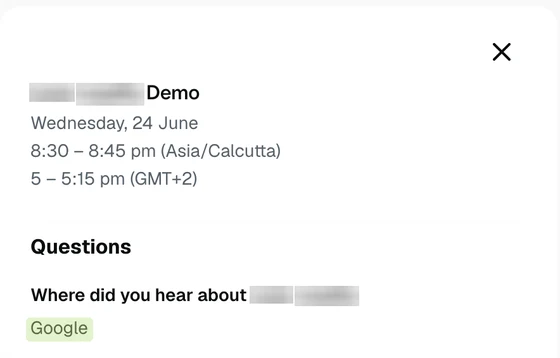 Redacted demo booking: heard about us via Google