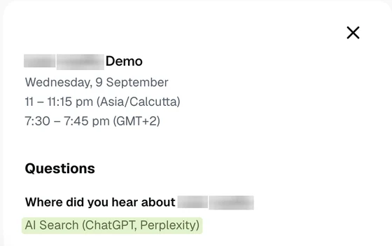 Redacted demo booking: heard about us via AI search