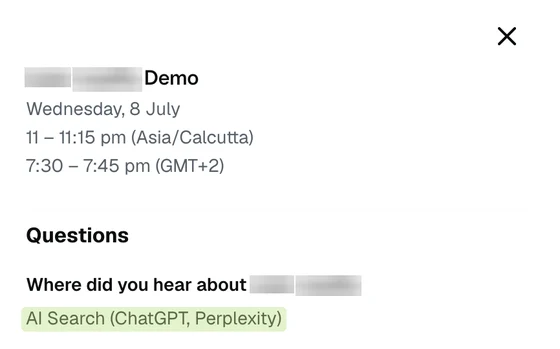 Redacted demo booking: heard about us via AI search