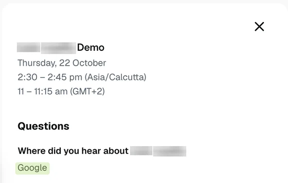 Redacted demo booking: heard about us via Google