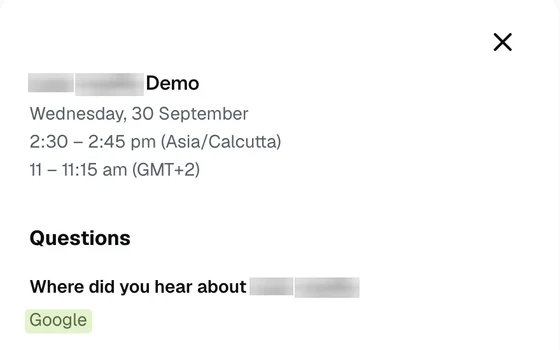 Redacted demo booking: heard about us via Google
