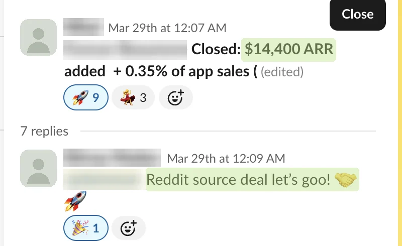 Redacted Slack message: deal closed, $14,400 ARR
