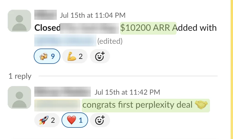 Redacted Slack message: deal closed, $10,200 ARR