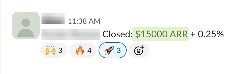 Redacted Slack message: deal closed, $15,000 ARR