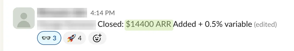 Redacted Slack message: deal closed, $14,400 ARR
