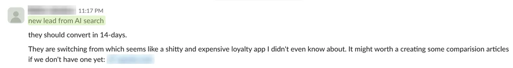 Redacted Slack note from a sales team: AI search lead