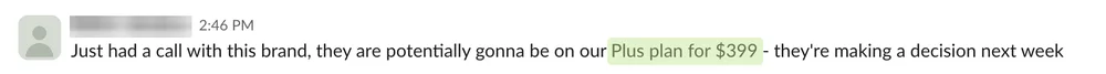 Redacted Slack note from a sales team: Inbound call