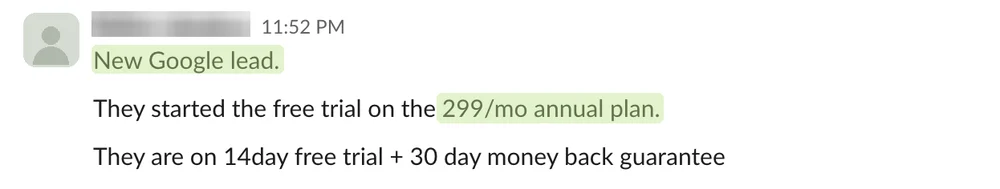 Redacted Slack note from a sales team: Google lead