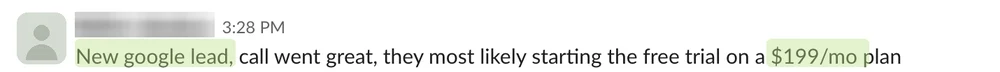 Redacted Slack note from a sales team: Google lead